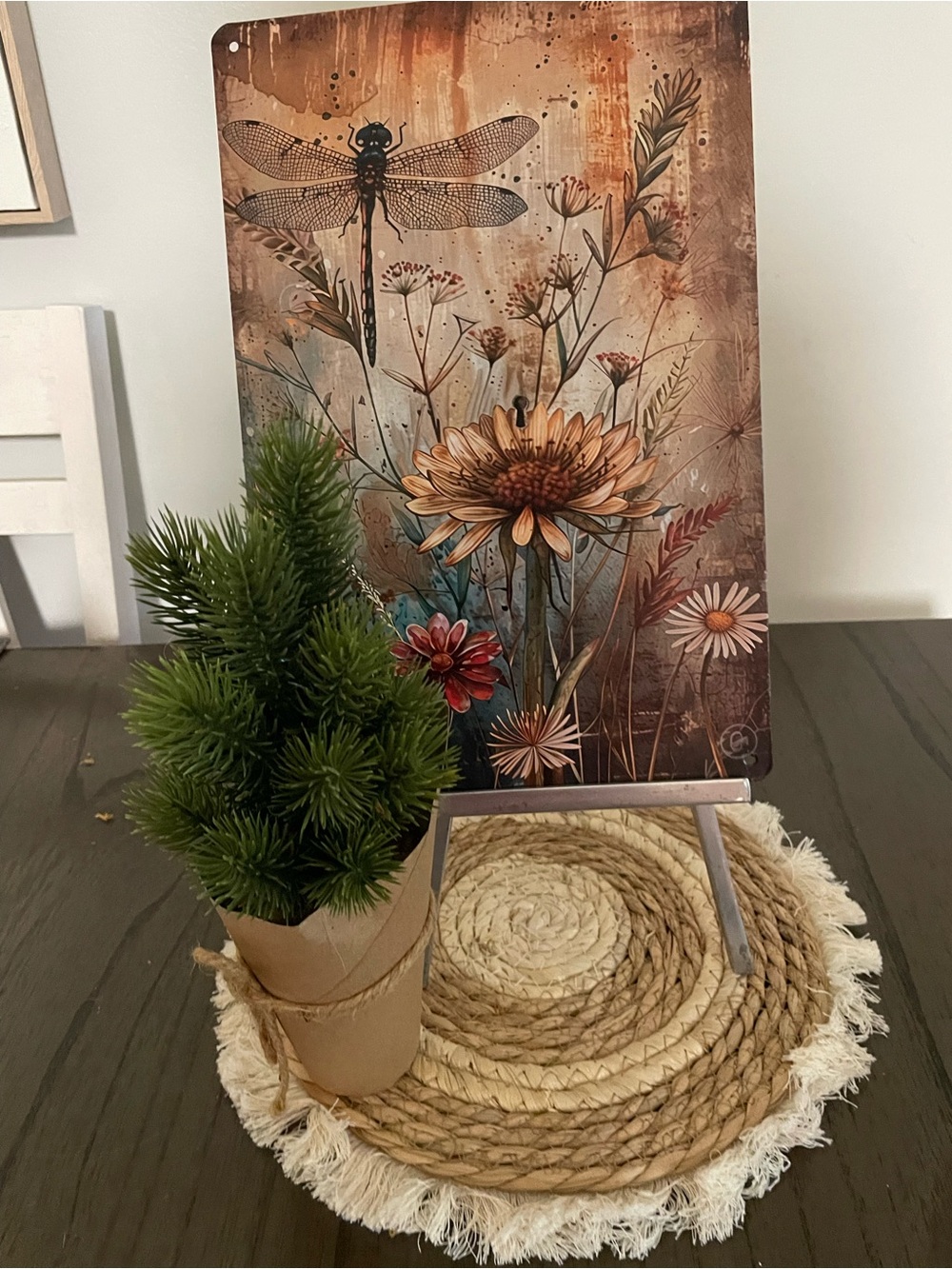 Neutral Botanical Dragonfly Art Print in Warm Tan and Cream